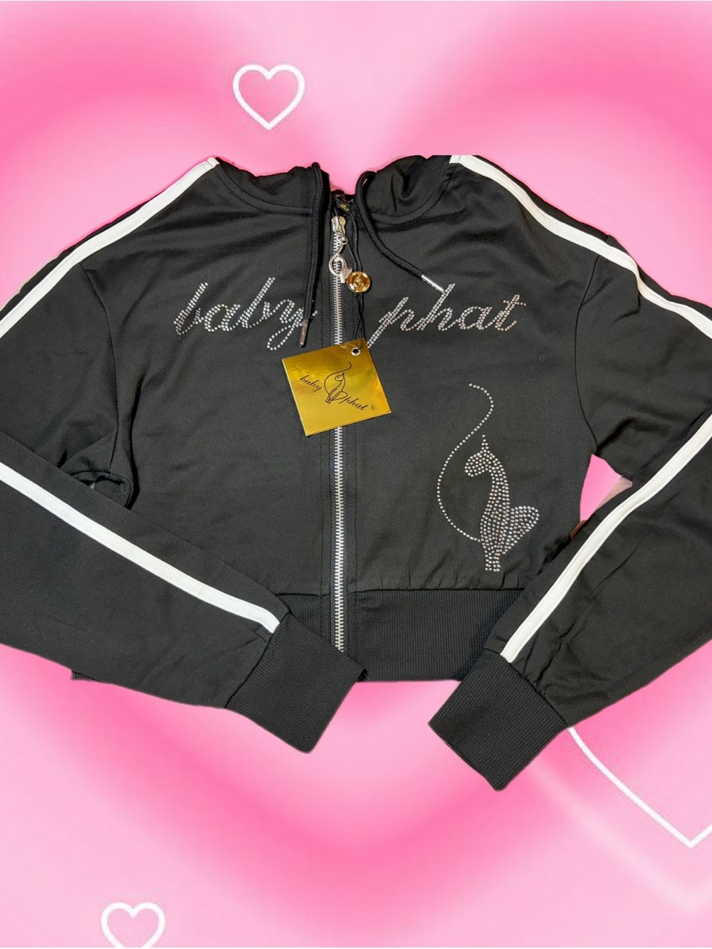 NWT Baby Phat Black Rhinestone Logo Cropped Jacket with White Stripes Size XS